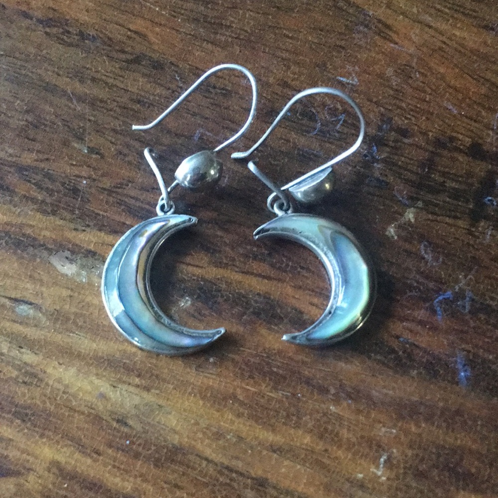 MEXICO 925 Sterling Silver Mother of Pearl Vintage Crescent Moon Drop Earrings